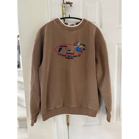 Vintage 90s Mr. Fix It Grandpa Tan Brown Crewneck Long Sleeve Sweatshirt - Picture 1 of 6